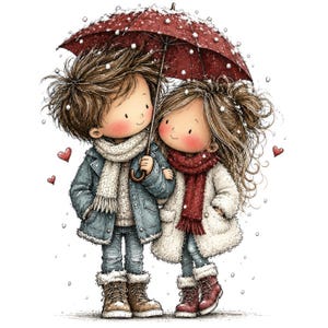 May include: A cartoon illustration of two figures standing together under a large red umbrella during a snowfall. They wear winter clothing including denim jackets, white and red scarves, and boots. Small red hearts float in the air around them.