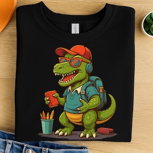 Cool Back to School Dinosaur PNG Clipart for T-Shirts and Mugs – Funny T-Rex with Backpack, Crayons, and Books First Day Design