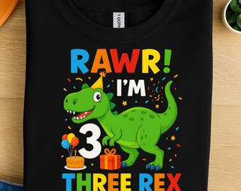 Rawr I’m 3 Three Rex Dinosaur Birthday PNG Clipart – Cute Green T-Rex with Balloons and Cake – Kids Sublimation for Mugs & Shirts