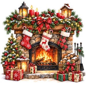 May include: A stone fireplace decorated for the holidays with three hanging stockings, a lit fire, and evergreen garlands. The mantel features lanterns, red candles, and a large red bow. Wrapped gifts and a small Christmas tree sit nearby.