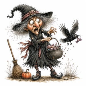 Könnte beinhalten: Eine Cartoon-Illustration einer Hexe mit wildem grauem Haar, die ein zerfetztes schwarzes Kleid, einen spitzen Hut und Schnallenstiefel trägt. Sie hält einen kleinen Kessel voller bunter Bonbons, während eine schwarze Krähe vorbeifliegt.