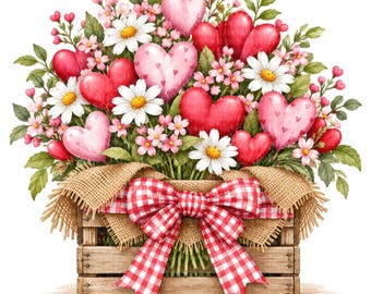 May include: A wooden crate filled with a bouquet of white daisies, small pink flowers, and various red and pink heart-shaped ornaments. The crate is wrapped in a burlap fabric and decorated with a large red and white checkered gingham bow.