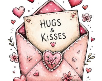 May include: A pink envelope with a heart-shaped seal containing a note that reads HUGS & KISSES. The illustration is decorated with various small pink and red hearts, delicate flowers, and leafy sprigs surrounding the open envelope.