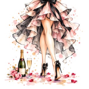 Puede incluir: Una ilustración en acuarela que muestra a una persona con una falda asimétrica de capas con volantes en rosa pálido y negro, acentuada por un gran lazo negro. Al lado hay una botella de champán, una copa llena y rosas con pétalos.
