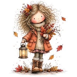 Puede incluir: Una ilustración caprichosa de un niño con cabello largo y ondulado que viste un suéter de punto beige, un abrigo naranja y botas marrones. El niño sostiene una linterna encendida y un ramo de hojas de otoño y bayas, rodeado de hojas de arce.