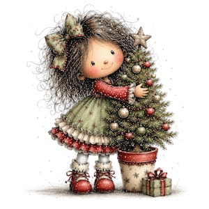 Pode incluir: Uma ilustração de desenho animado de uma menina com cabelo castanho despenteado e um grande laço verde, vestindo um vestido vermelho e verde com babados. Ela abraça uma árvore de Natal decorada num vaso estampado, com um pequeno presente.