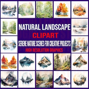 800+Natural Landscape Clipart | Watercolor Nature Scenery Bundle | Forest, Mountain & Tree JPG