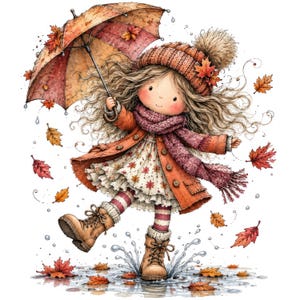 May include: A whimsical illustration of a character wearing a knit beanie with a pom-pom, a scarf, and a coat, holding an umbrella while jumping in a puddle. The character wears a patterned dress and boots, surrounded by falling autumn leaves.