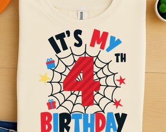 It&#39;s My 4th Birthday Spider Theme PNG for Boys – Comic Style Red Number and Web Design for Kids Mugs and Shirts – Editable Age