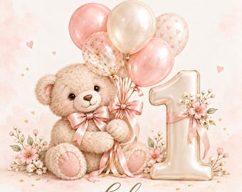 Può includere: Un biglietto d'auguri con un orsacchiotto beige che tiene un mazzo di palloncini rosa e crema, accanto a un grande numero uno decorato con fiori rosa e nastri. Il testo recita HAPPY 1ST BIRTHDAY TO A VERY SPECIAL GRANDDAUGHTER e Lily.