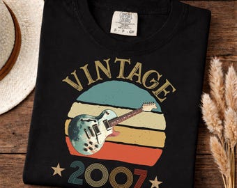Vintage gitaar-T-shirt 2007 – gedrukt unisex T-shirt met retro zonsondergangmuziek en grafische print