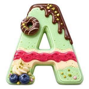 Könnte beinhalten: Ein buchstabenförmiges Dessert in Form eines A mit hellgrüner Basis, verziert mit dunkler Schokoladenganache, einem kleinen Schoko-Donut, einem Streifen rotem Beeren-Coulis, einem Klecks Schlagsahne, frischen Blaubeeren und gehackten Pistazien.