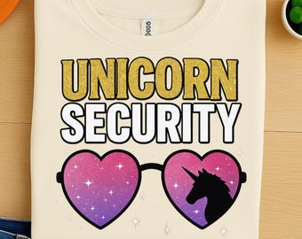 Unicorn Security PNG Clipart – Cute Glitter Heart Glasses with Pink and Gold Unicorn Digital Art for T-Shirts, Mugs, Kids Gifts, DTF Print