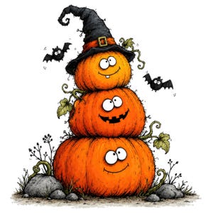 Halloween Pumpkin Clip Art - 30 High Res Watercolor JPGs, Quirky Stacked Pumpkins & Witch Hats, Digital Download