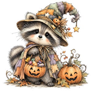 May include: A fluffy raccoon wearing a patchwork witch hat and cape, holding a small pumpkin-shaped basket filled with colourful sweets. Beside the raccoon sits a large, smiling jack-o'-lantern surrounded by scattered autumn leaves.