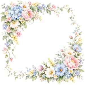 May include: A floral corner border illustration featuring watercolor-style pink peonies, blue hydrangeas, white daisies, and small yellow blossoms with green leaves. The arrangement forms an L-shaped frame with delicate vines and stems.