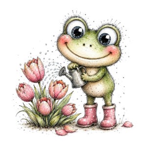 May include: A green frog with large eyes and pink cheeks wears pink polka-dot rain boots while holding a silver watering can. The frog is watering a cluster of pink tulips with green leaves. The illustration features fine ink-like line details.