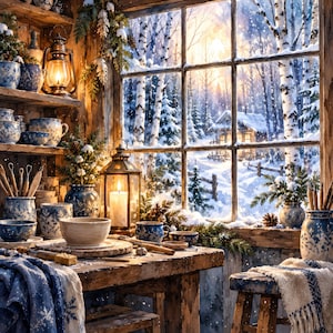 May include: A rustic wooden table and stool set in a cozy room with blue and white ceramic bowls, mugs, and jars. A lit lantern sits on the table, while a second lantern glows on a shelf. A large window reveals a snowy forest and a small cabin.