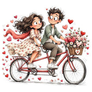 Puede incluir: Una ilustración de dibujos animados de dos personas en una bicicleta tándem roja. Una persona lleva un vestido de flores con una bufanda roja, y la otra una camisa verde y pantalones marrones. Una cesta de mimbre en el manillar contiene flores y corazones.