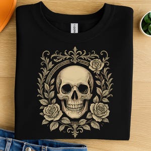 Skull and Roses PNG Clipart for Halloween T-Shirts – Gothic Floral Skull Design for Spooky Season, Tattoo Art, and Dark Aesthetic