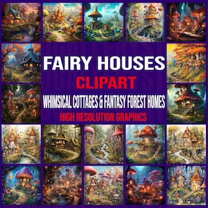 90+Fairy House Clipart Bundle| Magical Cottage & Fantasy Mushroom Houses PNG JPG | Whimsical Art for Crafts and Sublimation