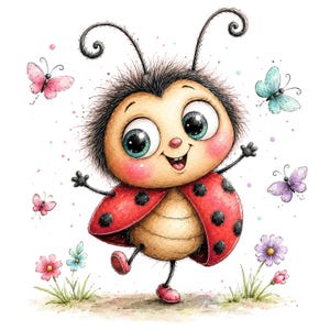 Pode incluir: Uma ilustração de joaninha em estilo cartoon com olhos grandes e expressivos, uma carapaça vermelha com manchas pretas e uma barriga bege. O personagem está rodeado por pequenas borboletas coloridas em rosa, azul e roxo, junto com flores.