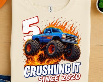 Crushing It Since 2020 Monster Truck 5th Birthday PNG for Boys – Cool Flame Design with Big Wheels and Number 5 for T-Shirts and Mugs