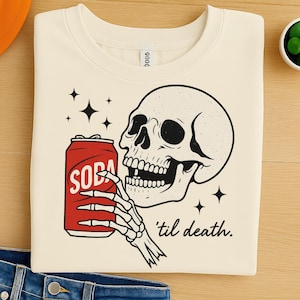 Til Death Soda Skeleton PNG Clipart – Funny Halloween Skull Design for T-Shirts & Mugs