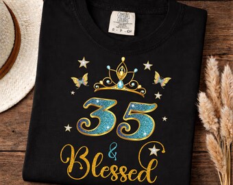 Camiseta unisex con diseño glamuroso y estampado con efecto de pedrería para su 35 cumpleaños.