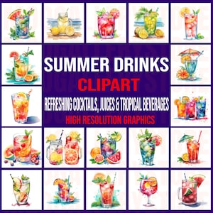 Plus de 40 cliparts boissons estivales | Illustrations de jus de fruits tropicaux et de cocktails JPG | Art de boisson rafraîchissante pour l'artisanat