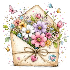 May include: A tan envelope overflowing with a colorful bouquet of pink, purple, white, and yellow flowers. The envelope is tied with a string featuring a pink heart charm and a small postage stamp with a heart, surrounded by several small butterflies.