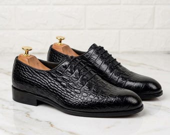 Zwarte leren oxfordschoenen met alligator-reliëf voor heren, jurkschoenen met veters