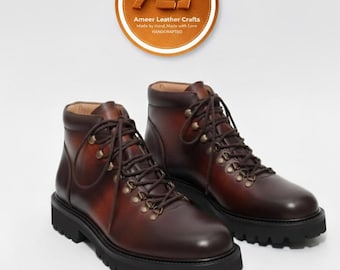 Handmade Leather Hiking Boots for Men | Custom Brown Leather Lace-Up Boots | Genuine Leather Ankle Boots