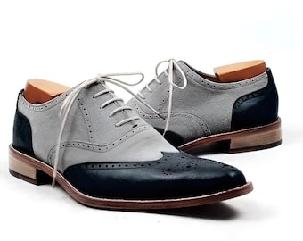 Handmade Two Tone Leather Oxford Shoes – Wingtip Brogue Dress Shoes