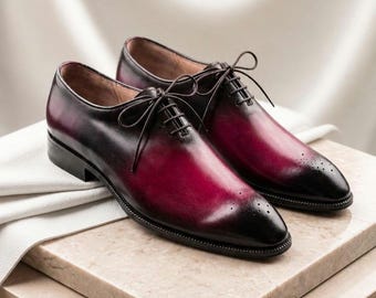 Handgemaakte bordeauxrode patina oxfordschoenen voor heren | Luxe leren geklede schoenen | Goodyear geplooide formele schoenen | Op maat gemaakte trouwschoenen