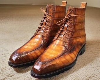 Handmade Tan Brown Leather Ankle Boots: Men's Formal Lace-Up Dress Boots