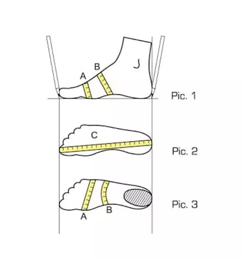 May include: Diagram illustrating foot measurement points for shoe sizing. The image shows three different views of a foot with labeled measurement points A, B, and C. The text "Pic. 1", "Pic. 2", and "Pic. 3" are also visible.