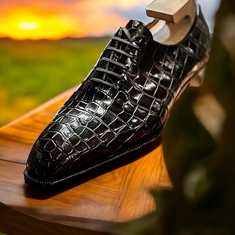 May include: A black, textured leather dress shoe with a lace-up design. The shoe has a glossy finish and is displayed on a wooden shoe tree. The background features a blurred sunset over a green field.