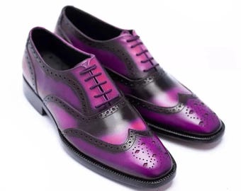 Made to order Handmade Purple Leather Wingtip Oxford Shoes | Men’s Two-Tone Brogue Dress Shoes
