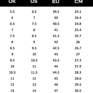 May include: Men's shoe size chart with UK, US, EU, and CM measurements. Sizes range from UK 5.5 (US 6.5, EU 39.5, 24.1 cm) to UK 14 (US 15, EU 48, 31.1 cm). The chart is in a black and white format.