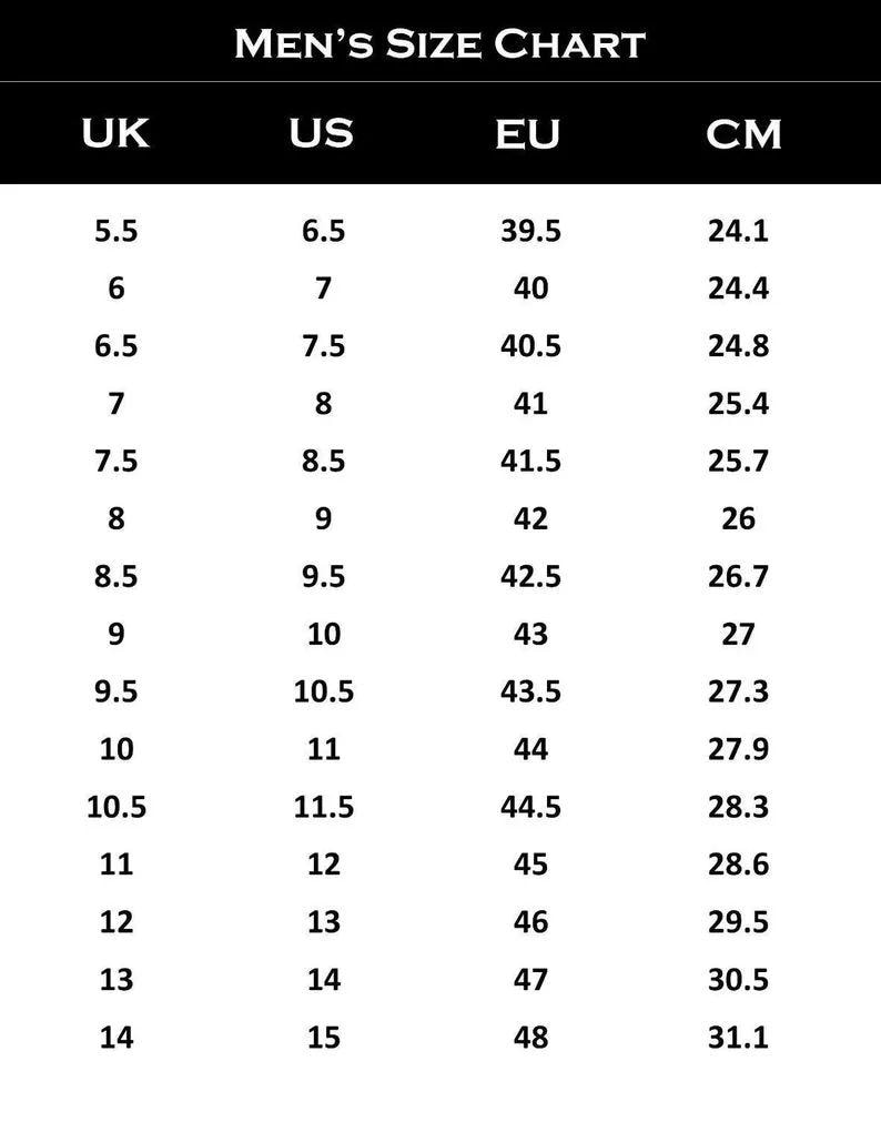 May include: Men's shoe size chart with UK, US, EU, and CM measurements. Sizes range from UK 5.5 (US 6.5, EU 39.5, 24.1 cm) to UK 14 (US 15, EU 48, 31.1 cm). The chart is in a black and white format.