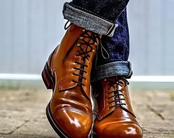 May include: A pair of polished, brown leather boots with black laces. The boots have a classic design with a cap toe and are paired with dark blue denim jeans with rolled-up cuffs. The boots appear to be new and unworn.