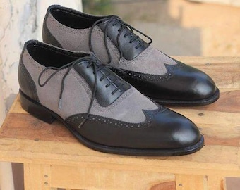 Handmade Two-Tone Leather Oxford Shoes – Black & Gray Brogues
