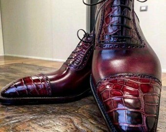 Handmade Burgundy Crocodile Embossed Oxfords | Men's Cap Toe Dress Shoes | Formal Luxury Leather Footwear