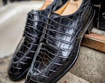 Men's Black Alligator Embossed Leather Oxford Shoes, Handmade Formal Footwear