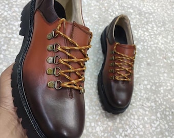 Men's Handmade Two-Tone Patina Hiking Shoe Brown Leather Chunky Sole Unique Lace Up Boots