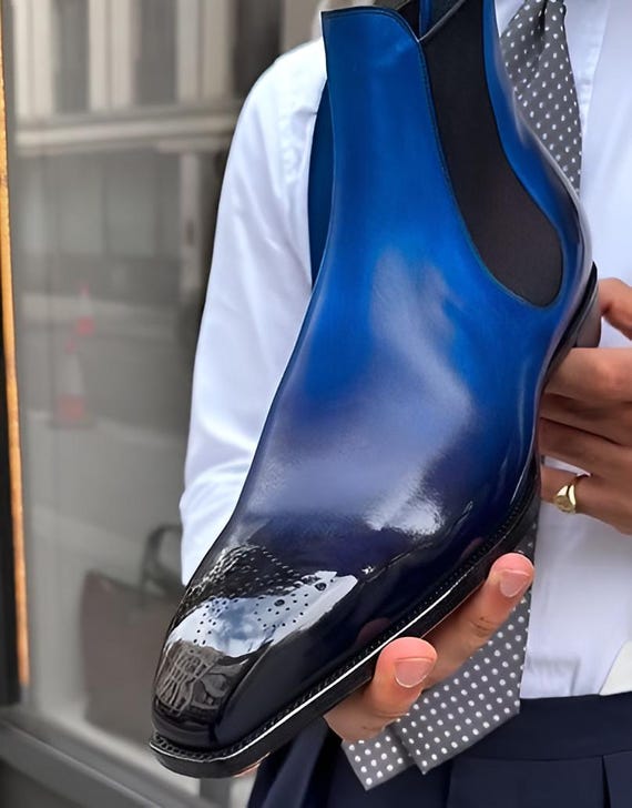 mens blue dress boots Handmade Two Tone Ankle Boots Blue Leather and Suede Lace Up Dress Boots  For Men