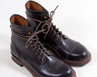 Handmade Black Leather Cap Toe Boots | Mens High Ankle Oxford