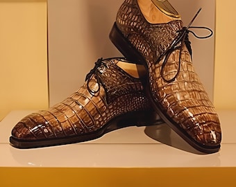 Handmade Men's Crocodile Pattern Leather Shoes Stylish Formal Dress Shoe Lace-Up