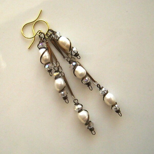 Long White Freshwater Pearl Dangle Earrings White Pearl Wedding Earrings